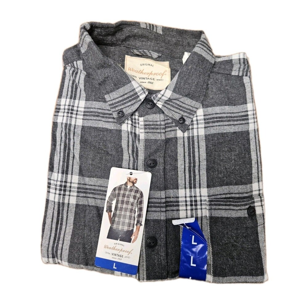NWT Weatherproof Vintage Mens Flannel Sz L Large Charcoal Plaid